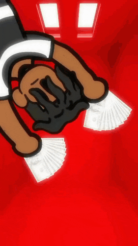a cartoon of a man holding money in front of a picture