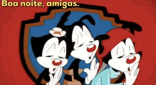 three cartoon characters are standing next to each other with the words boa noite amigas below them
