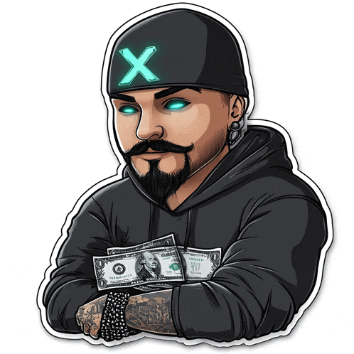 a cartoon of a man holding a dollar bill with a x on his hat