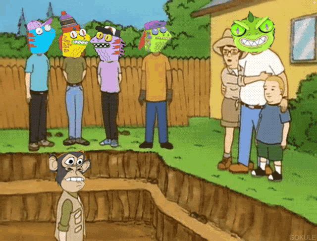 a cartoon of a group of people standing around a hole with gokule written on the bottom right