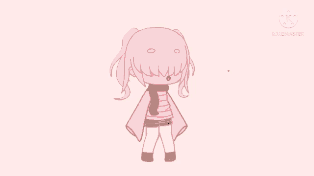 a cartoon girl with pink hair and a scarf is standing next to two hearts .