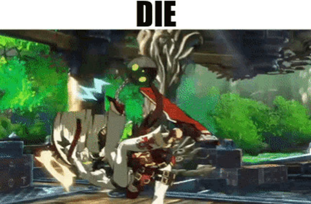 a video game character is being attacked by another character and the word die is on the bottom