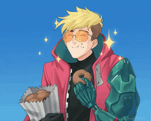 a drawing of a man holding a bag of donuts and a donut in his hand