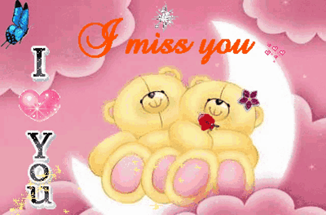 two teddy bears hugging on a crescent moon with the words " i miss you "