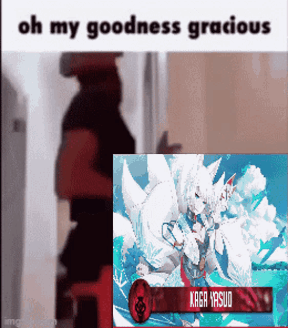 a man is standing in a hallway next to a picture of a fox girl with the caption oh my goodness gracious ..