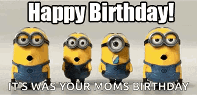 a group of minions standing next to each other with their mouths open .