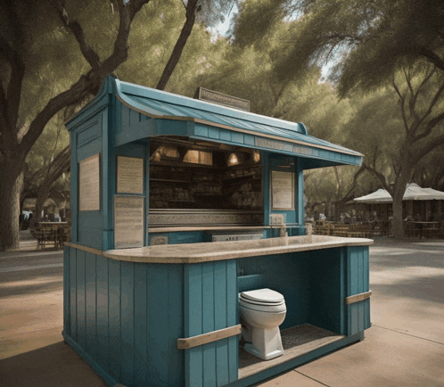 a blue kiosk with a toilet and a sign that says ' dirty dirty dirty ' on it
