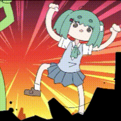 a cartoon of a girl with green hair and a blue skirt