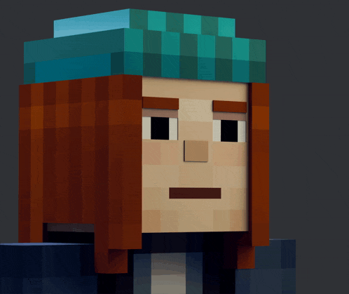 a pixel art of a person with long red hair and a blue hat