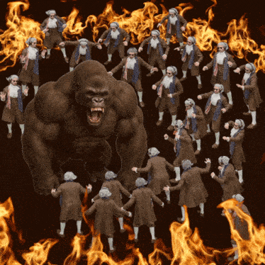 a group of men are dancing around a giant gorilla