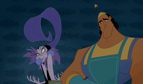 a couple of cartoon characters standing next to each other with one having a purple hat