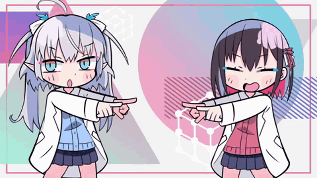 two anime girls are pointing at each other and one is angry