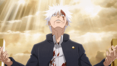 a man with white hair and blood on his shirt is looking up