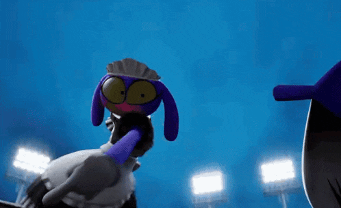 a cartoon character with purple ears and yellow eyes is standing in front of a blue sky