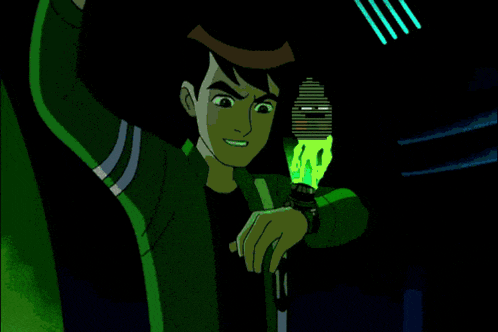 a cartoon character is holding a green light