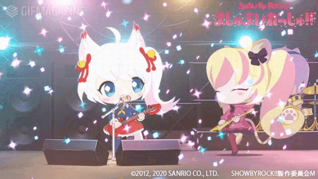 a gif of a girl playing a guitar and another girl playing drums