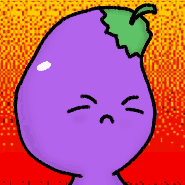 a purple eggplant with a green leaf on top making an angry face