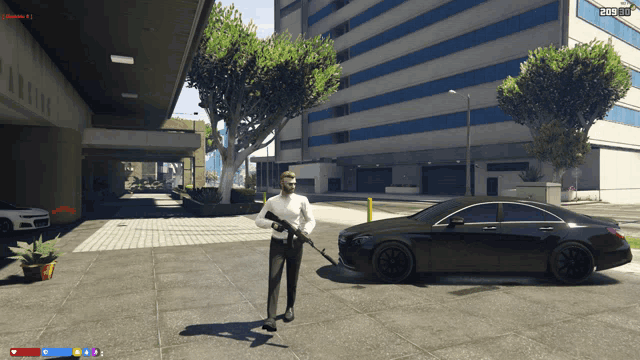 a man holding a gun stands in front of a black car in a video game with a screen showing a score of 285