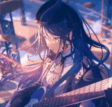 a girl with long hair is playing a guitar in front of drums