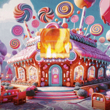 a picture of a gingerbread house surrounded by colorful lollipops and candy