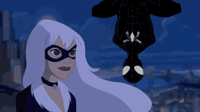 a cartoon of a woman and a spider man hanging upside down