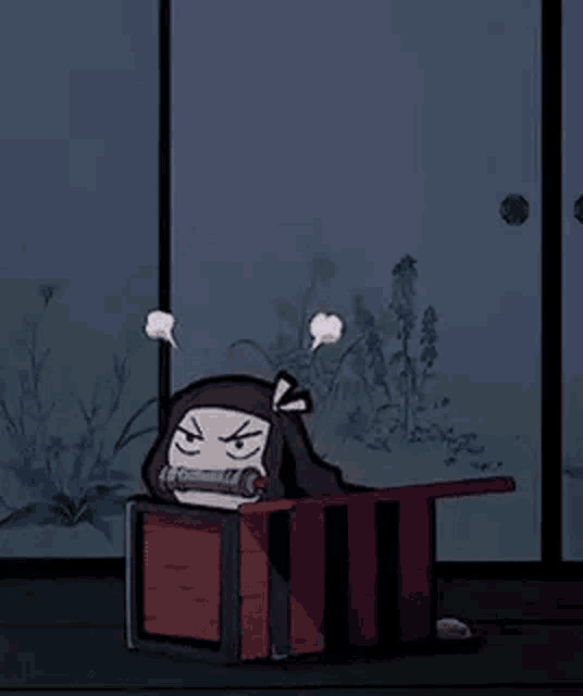 a cartoon girl is laying in a box with smoke coming out of her mouth .