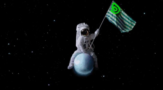 an astronaut on the moon with a green and white flag