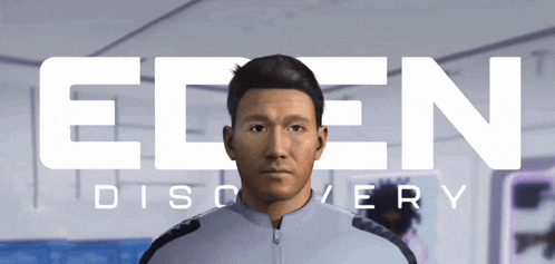 a man is standing in front of a sign that says eden discovery