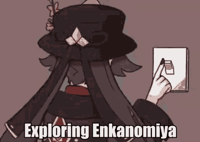 a cartoon of a person holding a light switch and saying `` exploring enkanomiya '' .