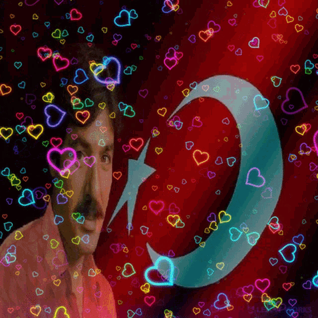 a man with a mustache is surrounded by hearts and a flag