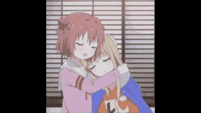 two anime girls hugging each other with one wearing a shirt that says tc