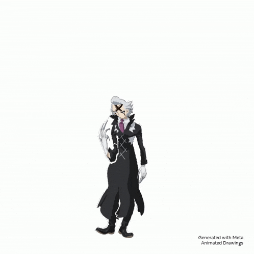 an animated drawing of a man in a suit holding a sword .
