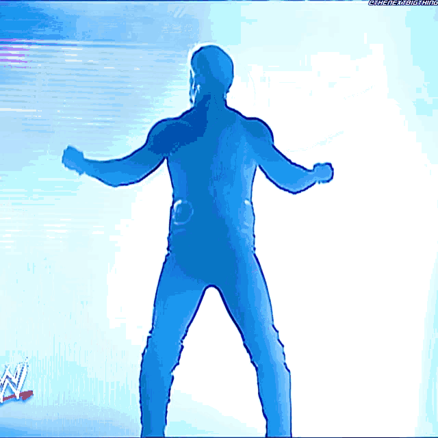a silhouette of a man with his arms outstretched in front of a wrestling logo