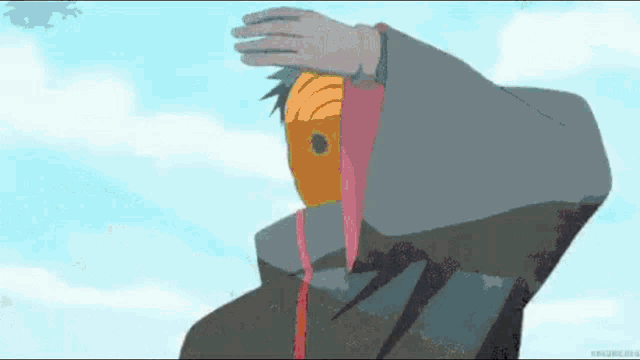 a cartoon character is covering his face with his hands while wearing a mask .
