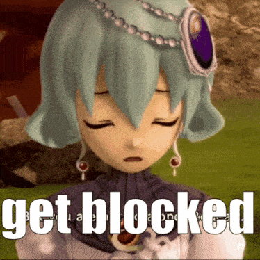 a picture of a girl with the words get blocked written on it