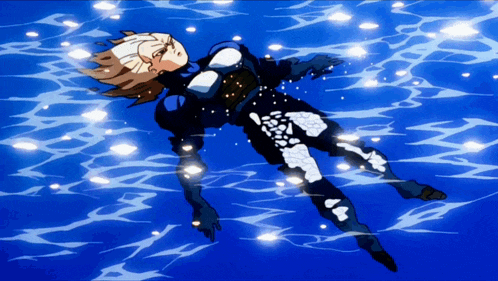 an anime character is floating in the water