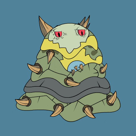 a cartoon drawing of a monster with red eyes and sharp claws