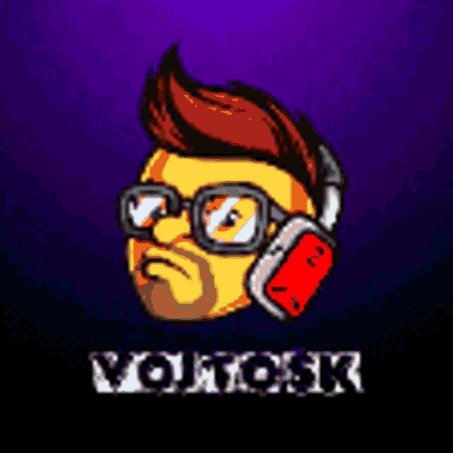 a cartoon of a man wearing headphones and glasses with the word vorosk below him .
