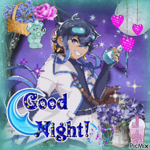 a picture of a boy holding a bottle with the words good night on it