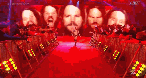 a wrestler is walking down a red carpet with a crowd behind him .