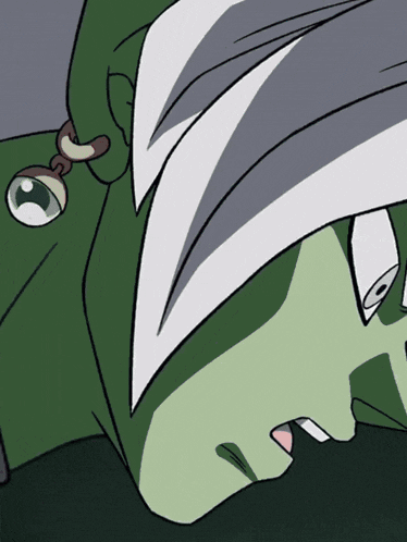 a close up of a cartoon character 's face with a necklace around his ear