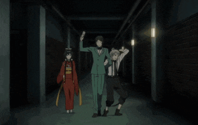 a group of anime characters are standing in a dark hallway holding hands