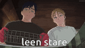 a couple of anime characters standing next to each other with the words leen stare written below them
