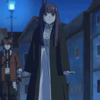 a girl with long purple hair is standing next to a man in a brown coat .