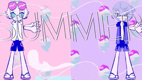 the word summer is on a colorful background with cartoon characters
