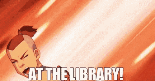 a cartoon of a man with a shaved head and the words `` at the library '' .