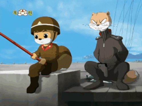 a cartoon of a squirrel and a cat with chinese writing
