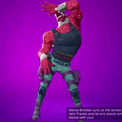 a video game character is dancing on a purple screen