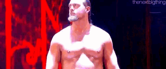 a shirtless wrestler with a beard is standing in front of a crowd .