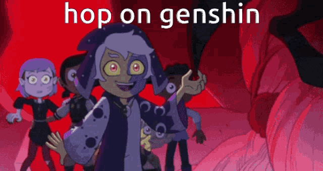 a group of cartoon characters standing next to each other with the words hop on genshin on the bottom